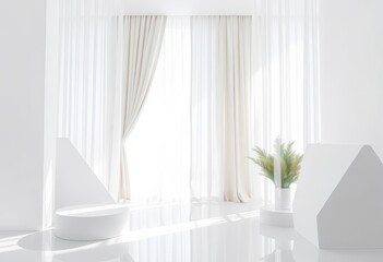 Clean white geometric forms, sheer curtains, minimalist interior, contemporary, space