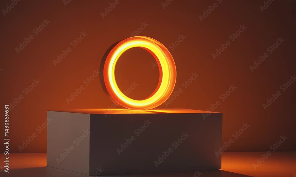 Poster a glowing light ring on podium, hovering above an led base. the circular shape is made from glass an