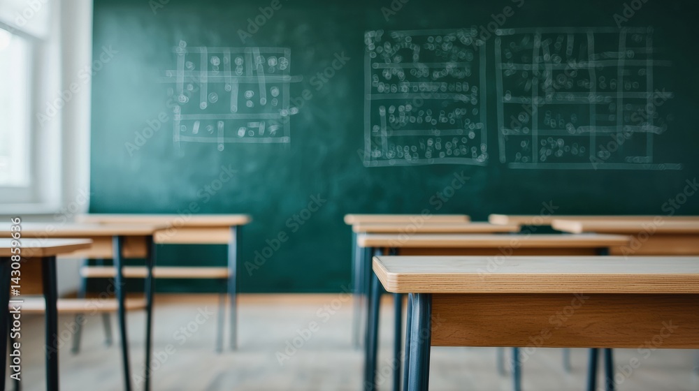 Poster Empty classroom with math equations on chalkboard ready for students