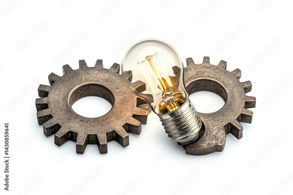 Poster illuminating ideas through innovative engineering and teamwork. gears and a lightbulb symbolize crea