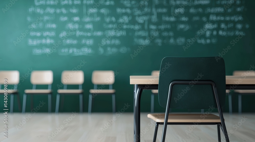 Poster Empty classroom with mathematical equations on blackboard awaits students