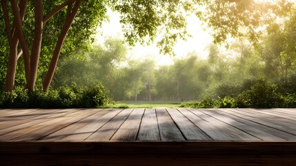 Wooden terrace or table with empty stage view over a sunlit green park, AI generated