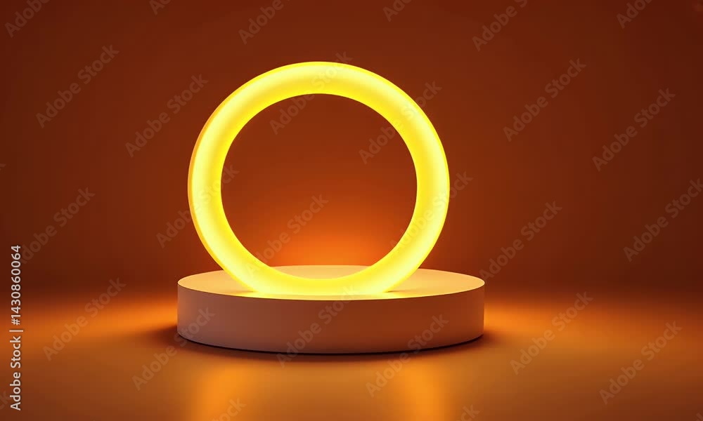 Poster a glowing light ring on podium, hovering above an led base. the circular shape is made from glass an