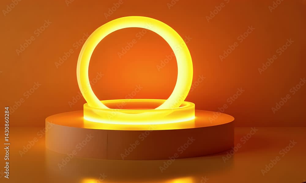 Poster a glowing light ring on podium, hovering above an led base. the circular shape is made from glass an