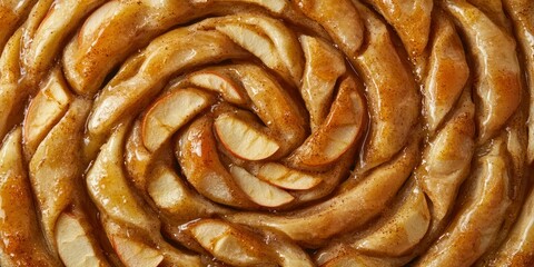 Fototapeta premium A top-down view of a batch of apple cinnamon buns arranged in a spiral, with melted icing dripping down the sides