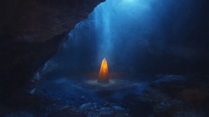 A glowing crystal floating above the ground, pulsing with radiant energy as it slowly rotates in the center of a dark, empty cavern