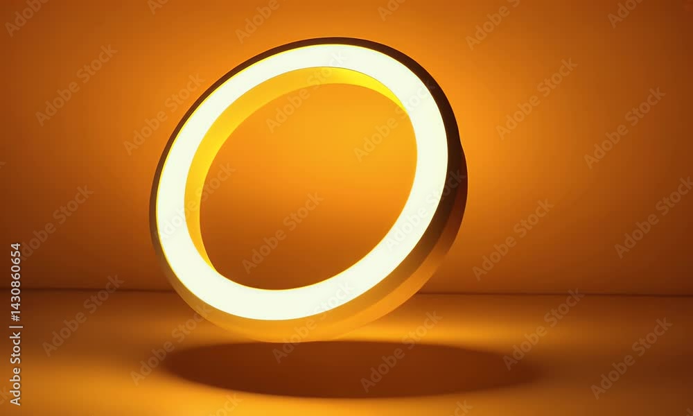 Poster a glowing light ring on podium, hovering above an led base. the circular shape is made from glass an
