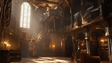 Elegant interior library with wooden details and grand staircase illuminated by sunlight