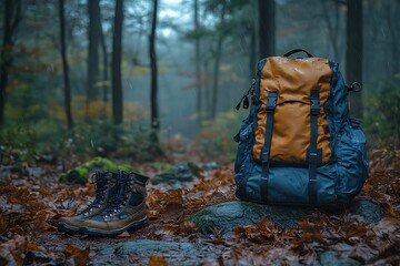 Hiking gear resting on a mossy forest path.