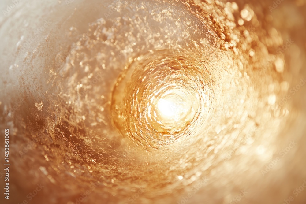 Poster golden light at the end of a swirling tunnel of water, creating a mesmerizing abstract scene.
