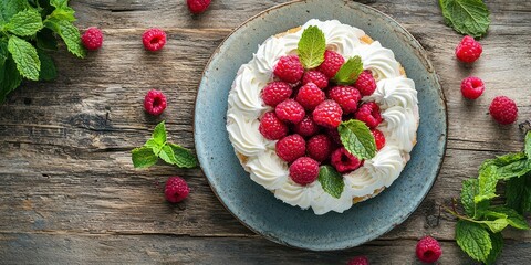 A top-down view of an angel food cake garnished with raspberries and mint leaves, set on a rustic wooden table