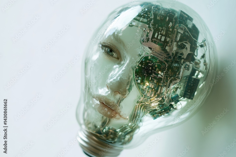 Poster a woman's face merges with circuitry inside a lightbulb, symbolizing ai and technological integratio