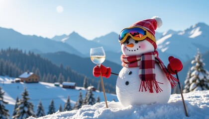 Obraz premium Snowman enjoying a glass of wine in a winter wonderland mountain landscape festive cheer bright daylight