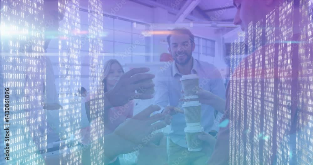 Poster five colleagues raising coffee cups in modern tech office, showcasing floating binary code overlay