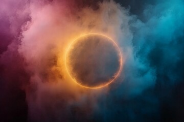 Obraz premium Glowing fire ring radiates in vibrant hues, surrounded by colorful nebula clouds against a dark background, creating an intense cosmic display