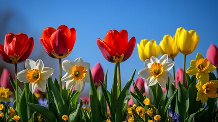 Obraz premium Vibrant spring blooms, tulips and daffodils under a clear blue sky