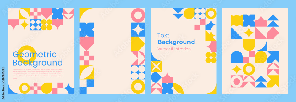 Aufkleber Geometric Abstract Designs with copy space. Colorful Background of simple geometric shapes in swiss style for Banner, Flyer, Cards, Presentation, Website Design, Landing. Vector Vertical template.