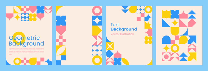 Geometric Abstract Designs with copy space. Colorful Background of simple geometric shapes in swiss style for Banner, Flyer, Cards, Presentation, Website Design, Landing. Vector Vertical template.