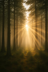 Obraz premium Sunlight Beams Through Misty Pine Forest at Sunrise, Serene Nature Landscape with Golden Rays