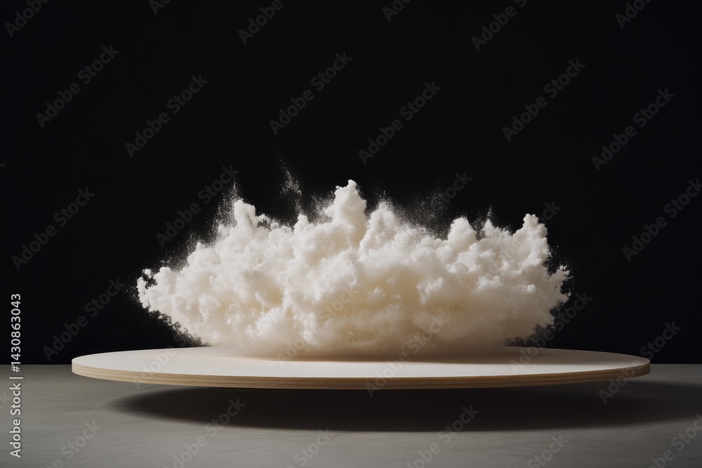 Poster a dramatic explosion of soft white clouds hovers above a circular pedestal against a black backdrop,