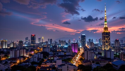 Naklejka premium Cityscape night view of urban skyline with towering structures vibrant lights and dramatic clouds in the background