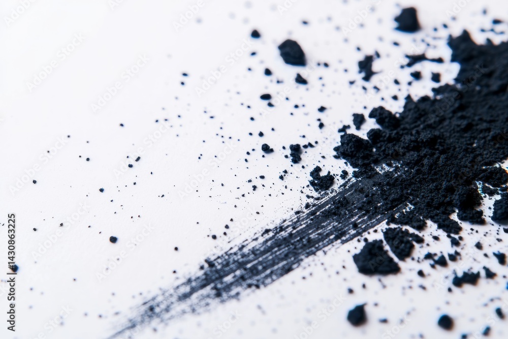 Poster close-up view of bold black paint splashes and brush strokes on a light background, forming an abstr