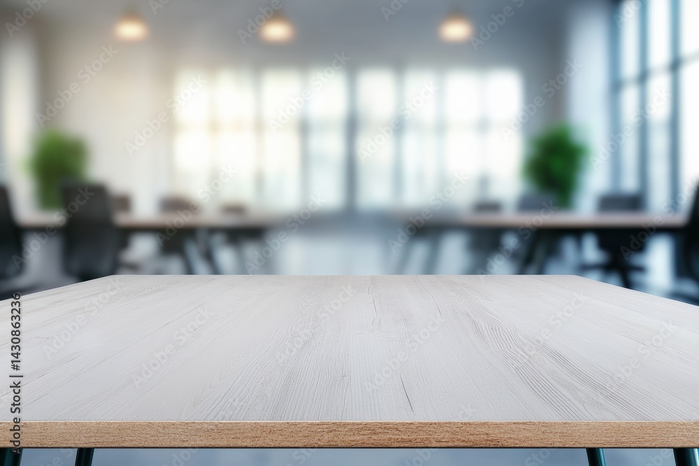 Poster empty desk showcasing blurred modern office background for product display