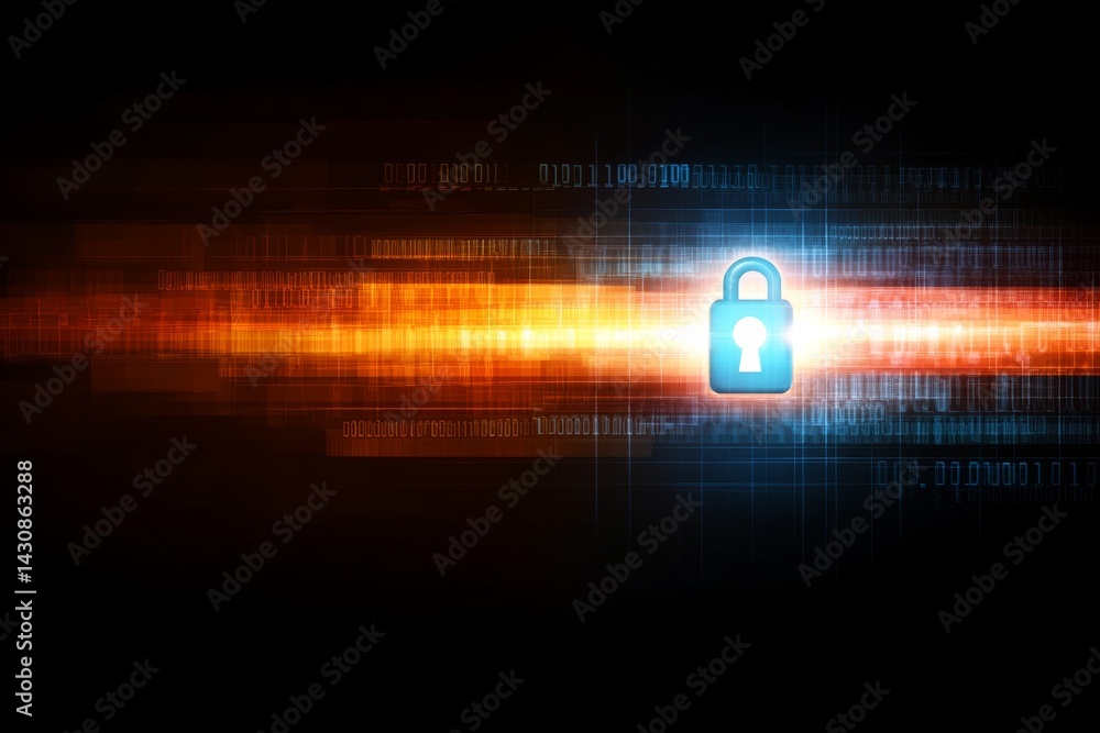 Poster A glowing padlock icon in neon blue and orange appears in the center, highlighting concepts of cyber security amidst a backdrop of faint grid lines and binary code