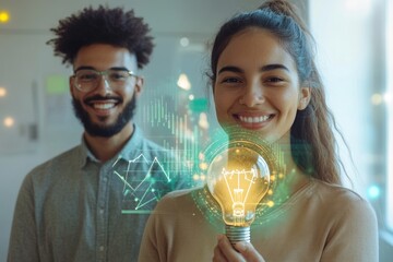 A diverse team celebrates a brilliant idea, symbolized by a glowing lightbulb, amidst data visualizations.