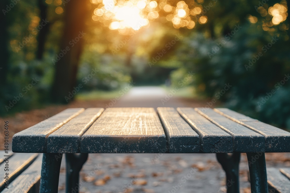 Poster empty park table inviting visitors in a serene environment at sunset