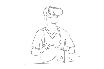 Doctors use VR headsets to treat patients. AI-powered health tools concept one-line drawing