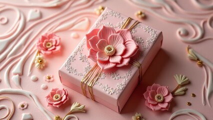 Pink embossed flowers on the gift box