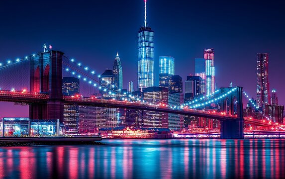Fototapeta City skyline with a bridge at night, lights reflecting on the water. Skyscrapers illuminate the urban landscape
