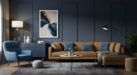 Sophisticated Living Room Design Navy Blue and Tan Color Palette, Modern Furniture, and Elegant Decor