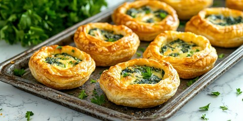 A tray of golden-brown spinach cheese puff pastries, garnished with fresh parsley, placed on a marble countertop