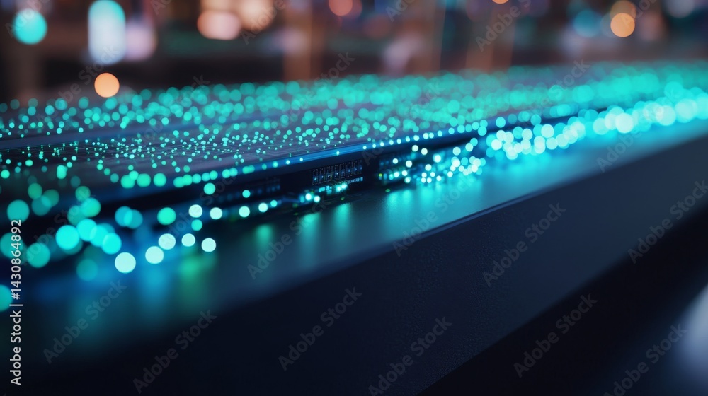 Poster Close-up view of a high-tech server with glowing lights, showcasing its sleek design and an adjacent monitor displaying vibrant digital connectivity lines