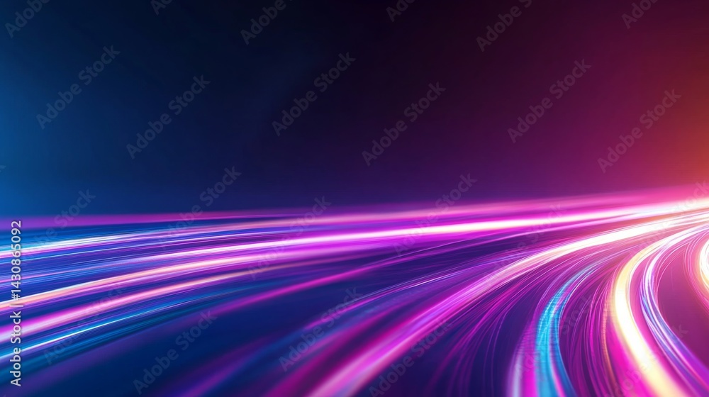 Poster a twisting neon spiral in pink and blue moves gracefully against a dark background, creating a futur