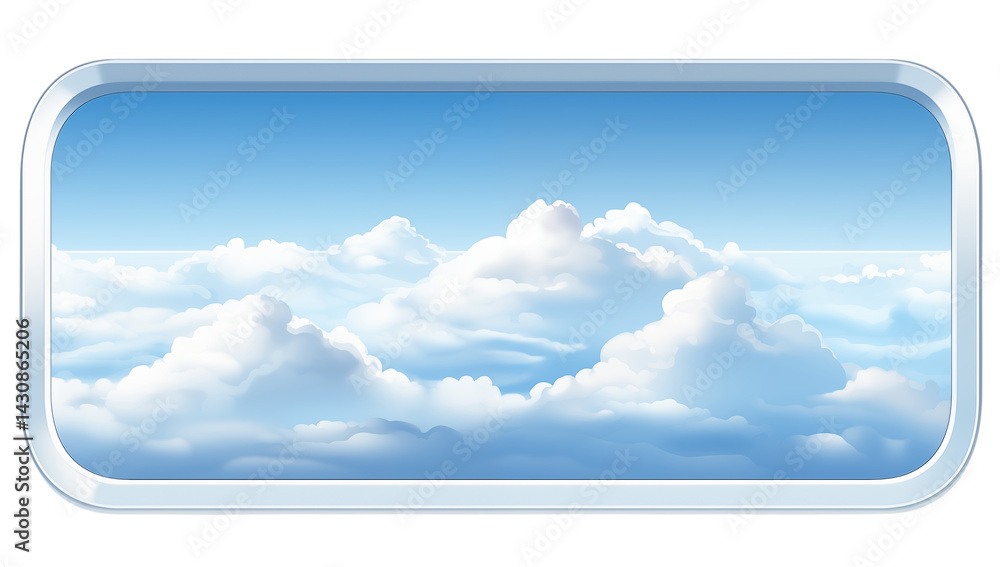 Poster view of fluffy clouds and blue sky through a rectangular window with rounded corners and a white fra