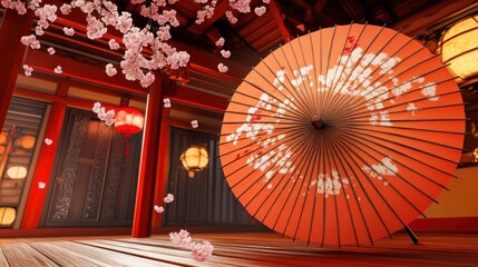 A serene, cherry blossom-filled Japanese interior with a large umbrella.