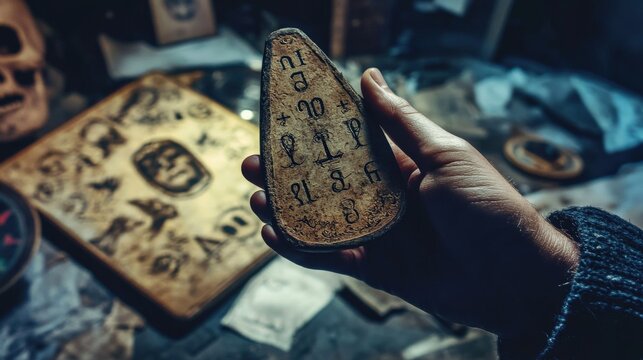 Antique spirit communication board held in a hand.
