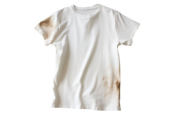A white t shirt with stains on the sleeves and bottom corner is presented on a transparent background png