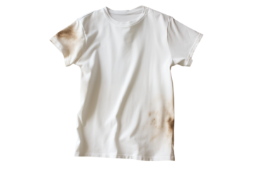 A white t shirt with stains on the sleeves and bottom corner is presented on a transparent background png