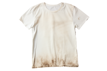 A white t shirt with stains and dirt at the bottom of the shirt on a transparent background isolated png