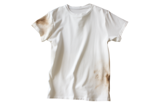 A white t shirt with stains on the sleeves and bottom corner is presented on a transparent background png