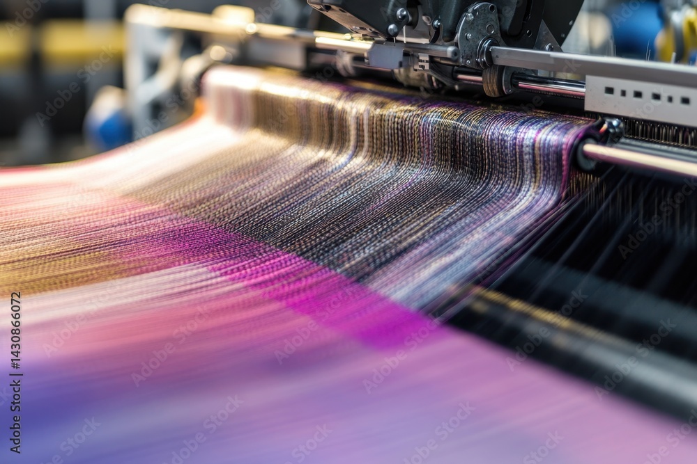 Poster textile production process showing colorful threads being woven on a machine