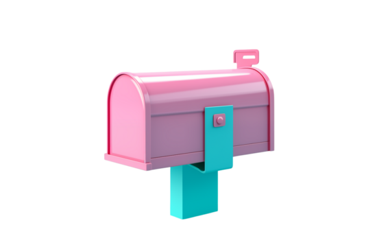 A whimsical pink and lavender mailbox with a turquoise post against a transparent background stands alone png