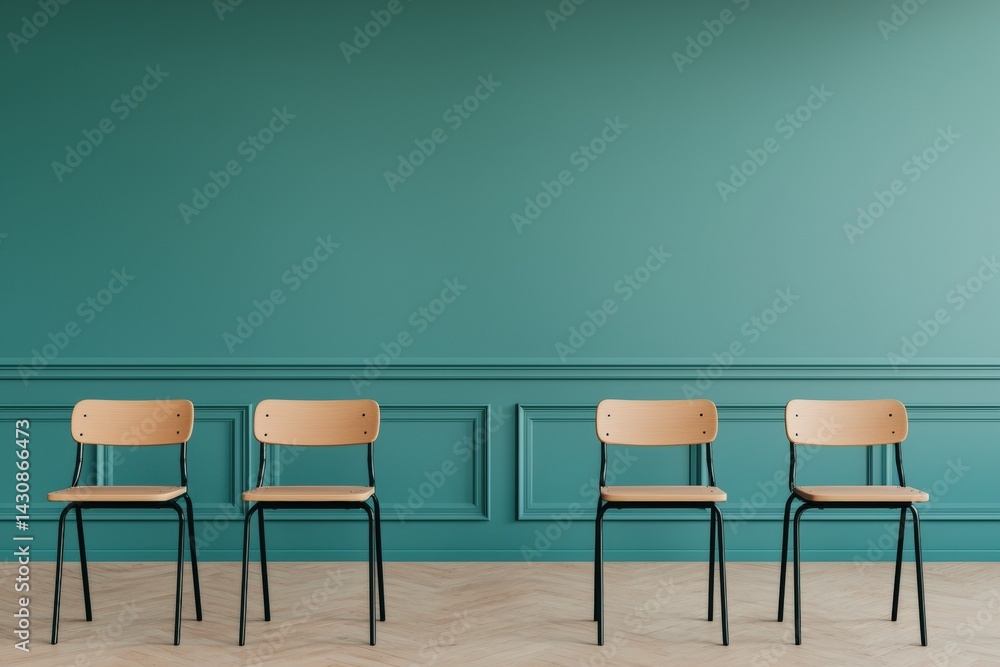 Poster empty school desks in classroom await students for learning and creative exploration