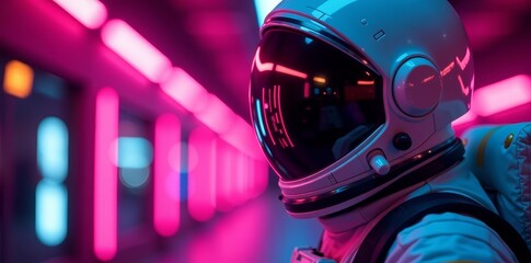 Close up of astronaut with reflective helmet visor in glowing neon environment, sci-fi, reflection