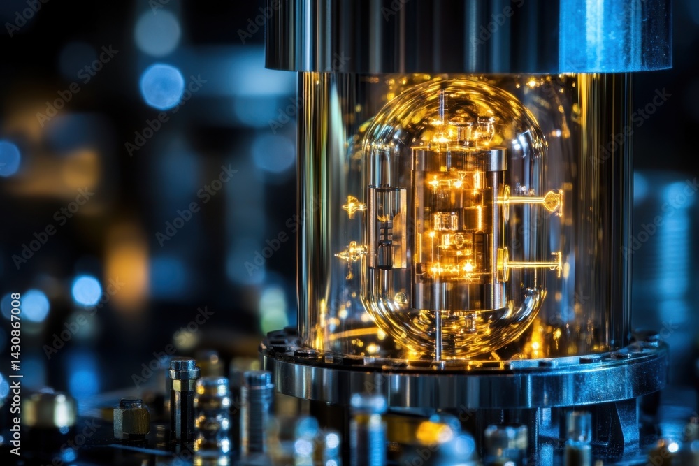 Poster bright metallic components with glowing details in advanced quantum technology setup