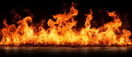 Fototapeta premium Fiery flames burning intensely on dark background.